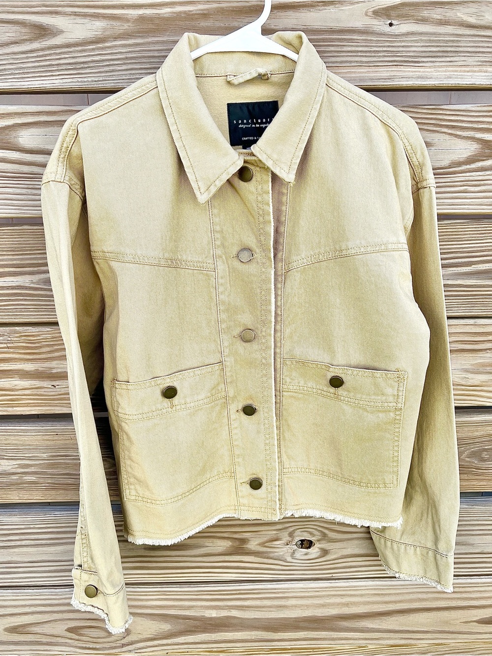 Sanctuary Flora Denim Jacket Coat Cropped Utility Raw Hem Tan Size M Women’s NWT
